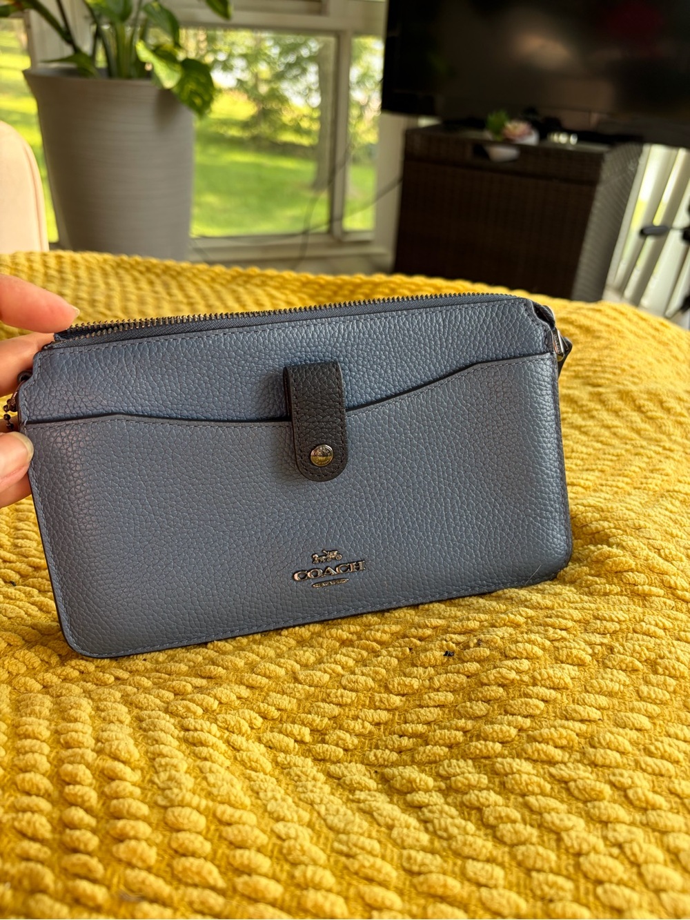 Coach Pebbled Leather Wristlet Wallet - Slate Blue